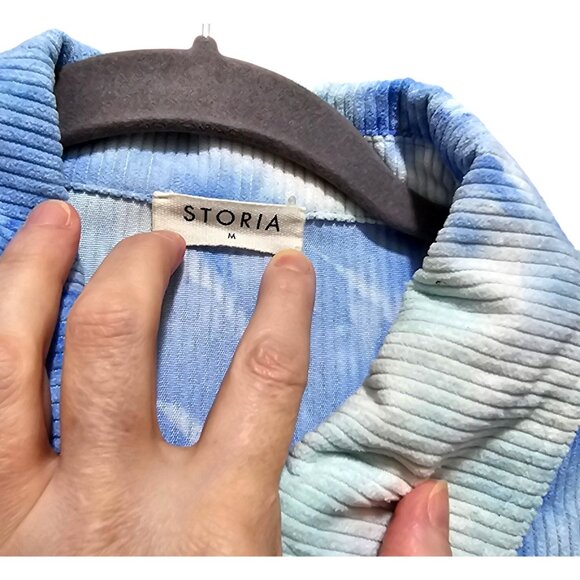 Tie-Dye Blue & White Corduroy Button-Up Crop Jacket With Frayed Hem Medium By - Picture 3 of 9